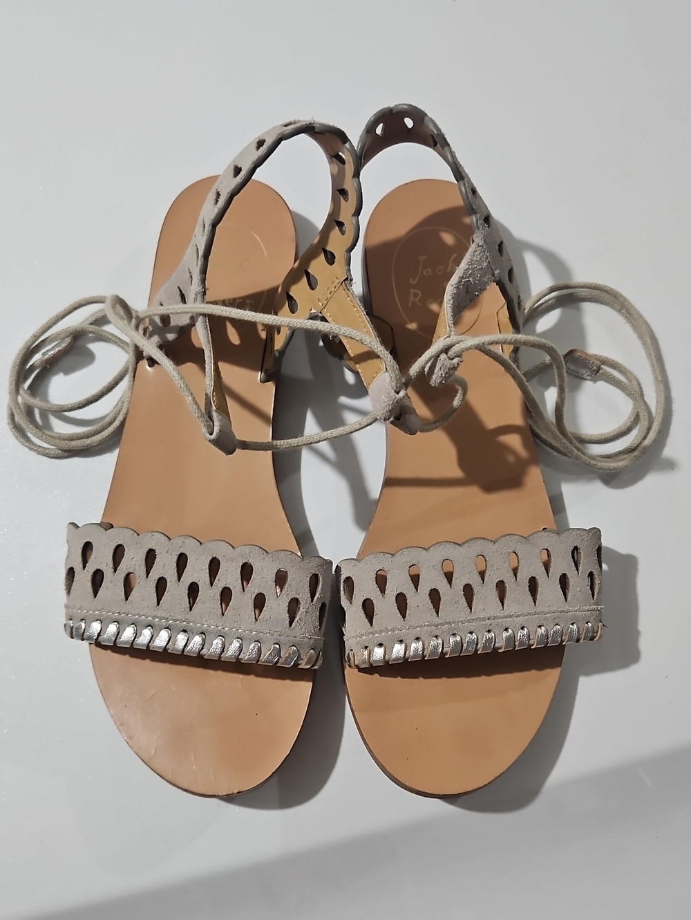 Jack Rogers Ruby Light Taupe Suede Scalloped Lace-Up Sandals